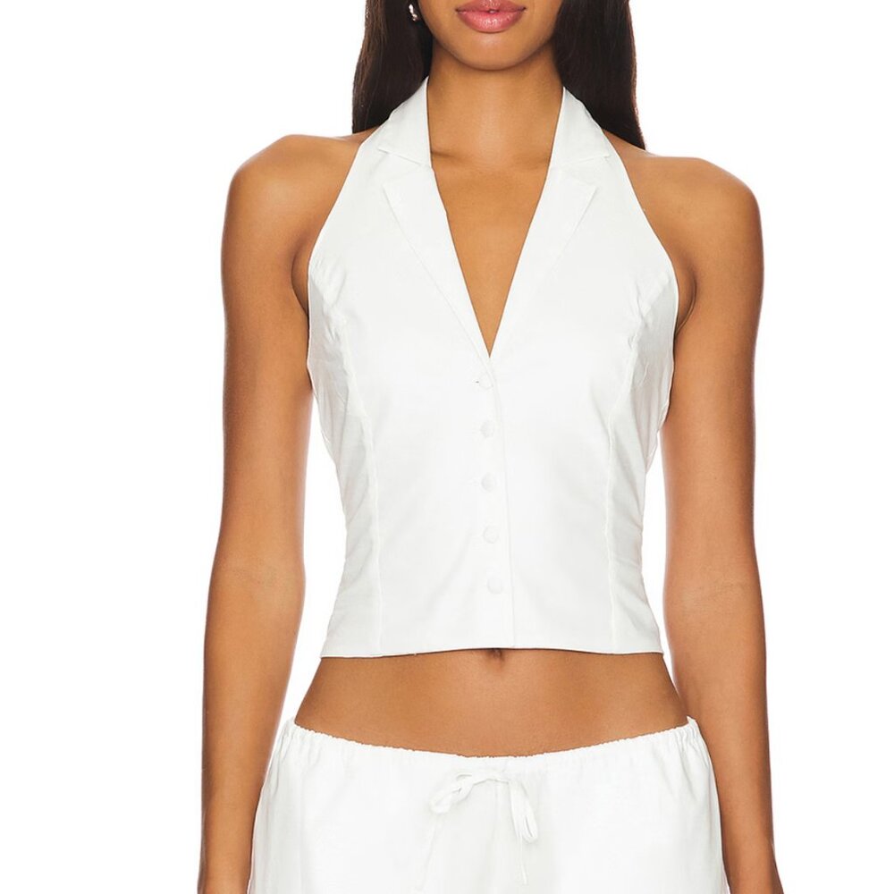 Frankie’s Bikinis White Cottage Poplin Halter Top, Size M